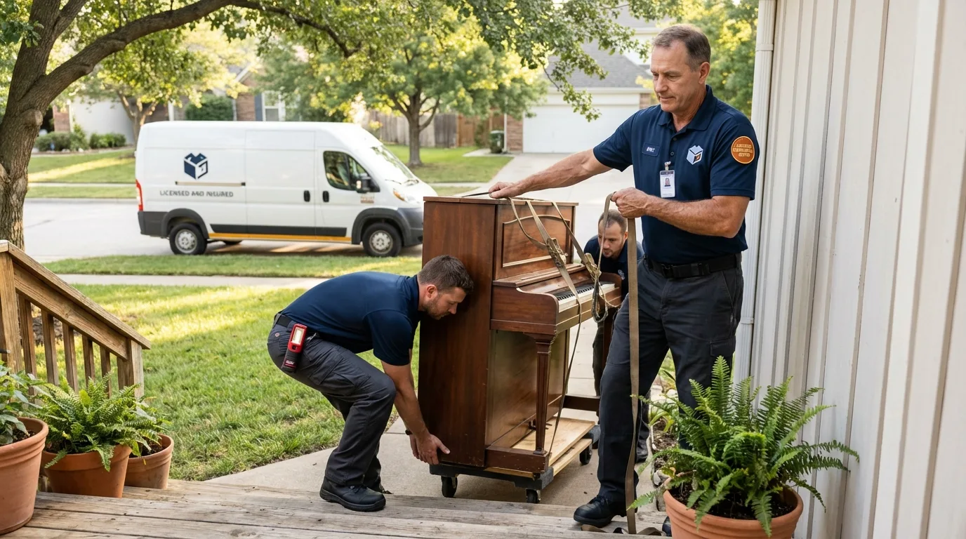 Licensed piano movers securing grand piano in Port Allen, LA