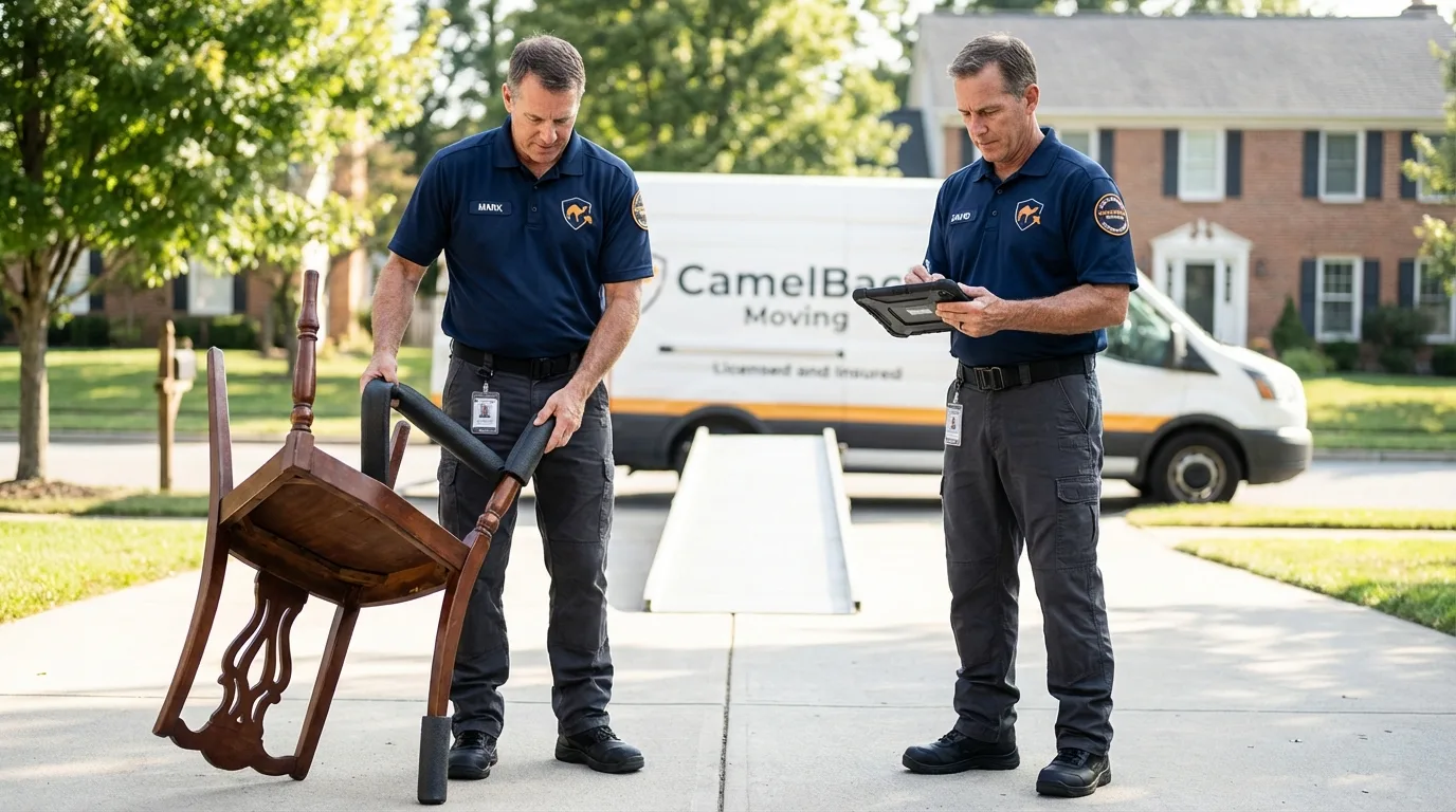 Movers inspecting furniture for damage prevention before loading in Port Allen, LA