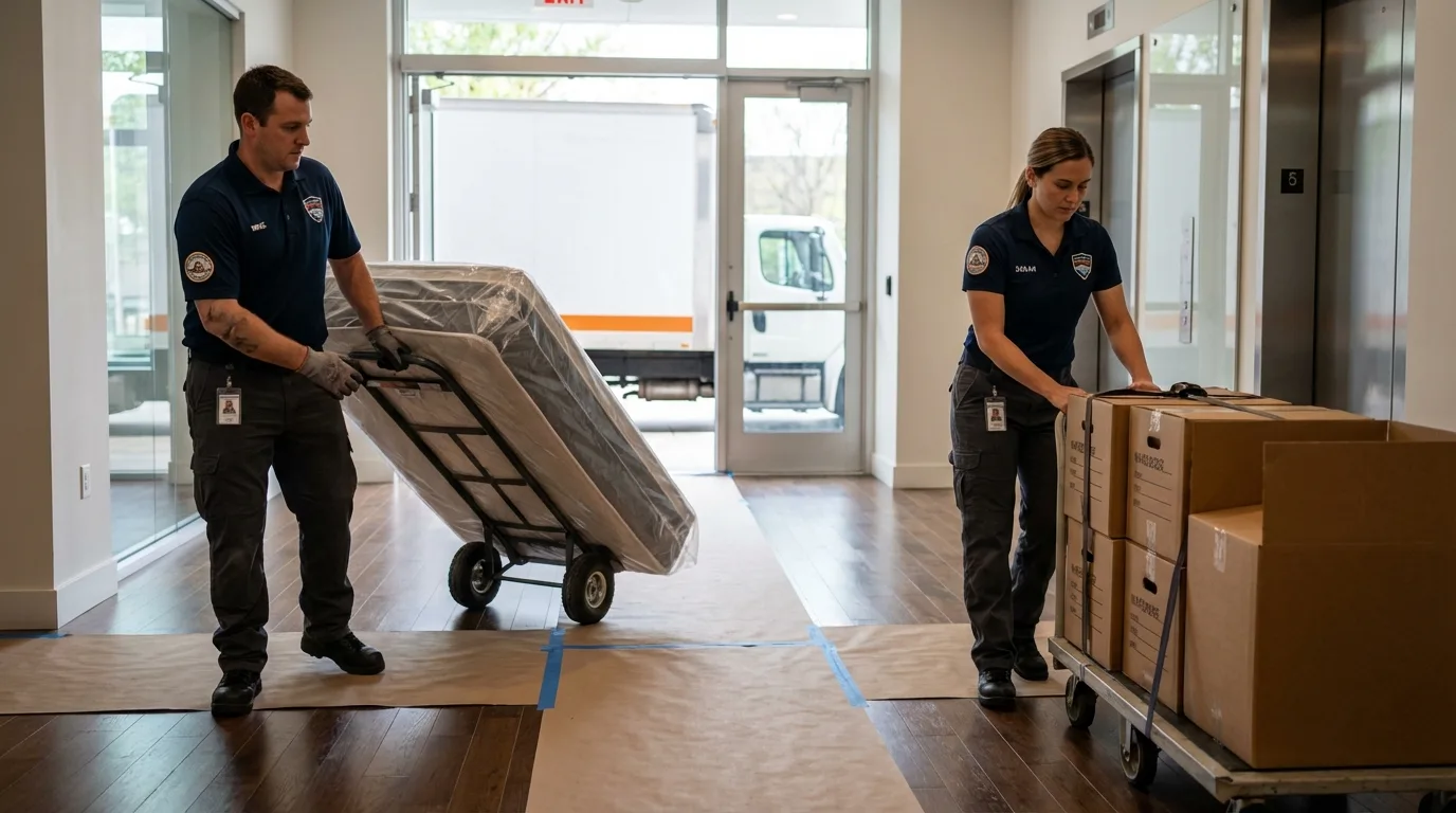 Professional apartment movers loading elevator in Port Allen, LA